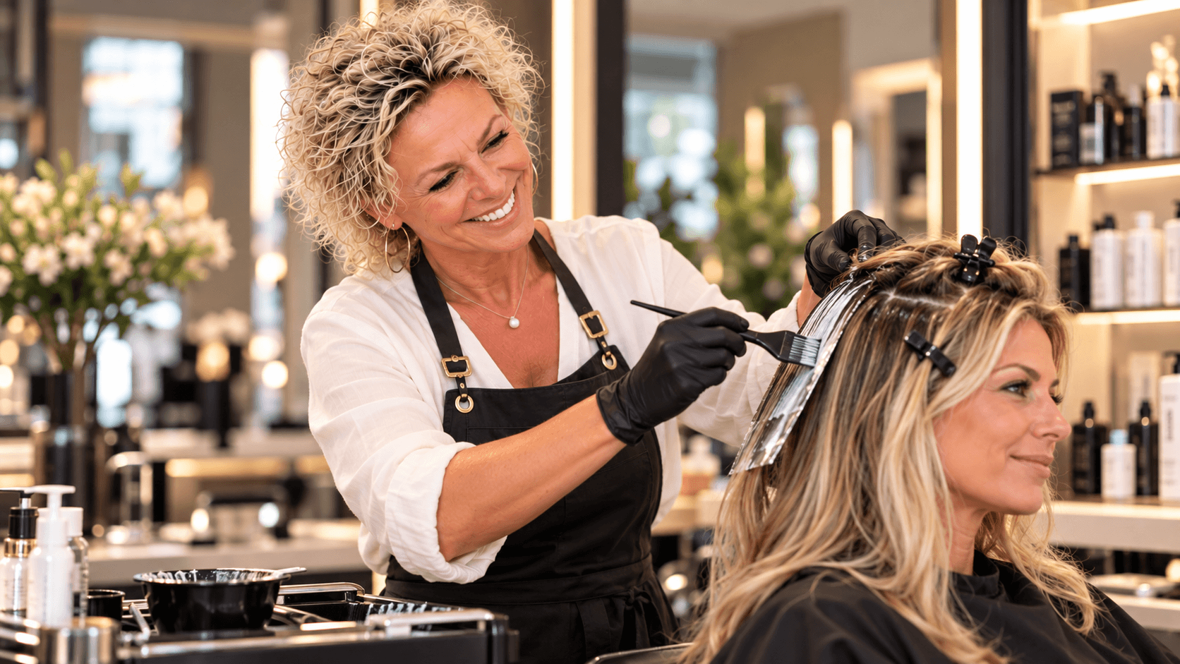 Carola färbt die Haare einer Kundin